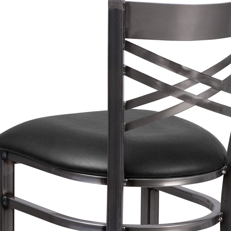 SINGLEWAVE Series Clear Coated ''X'' Back Metal Restaurant Barstool - Black Vinyl Seat