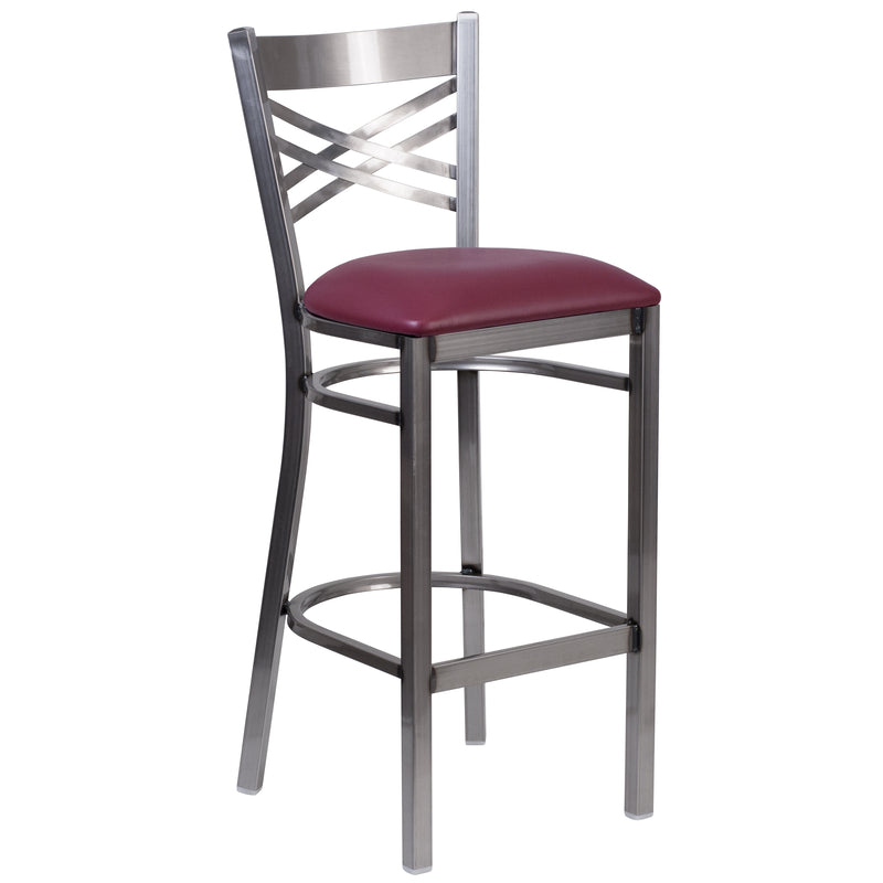 SINGLEWAVE Series Clear Coated ''X'' Back Metal Restaurant Barstool - Burgundy Vinyl Seat