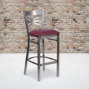 SINGLEWAVE Series Clear Coated ''X'' Back Metal Restaurant Barstool - Burgundy Vinyl Seat