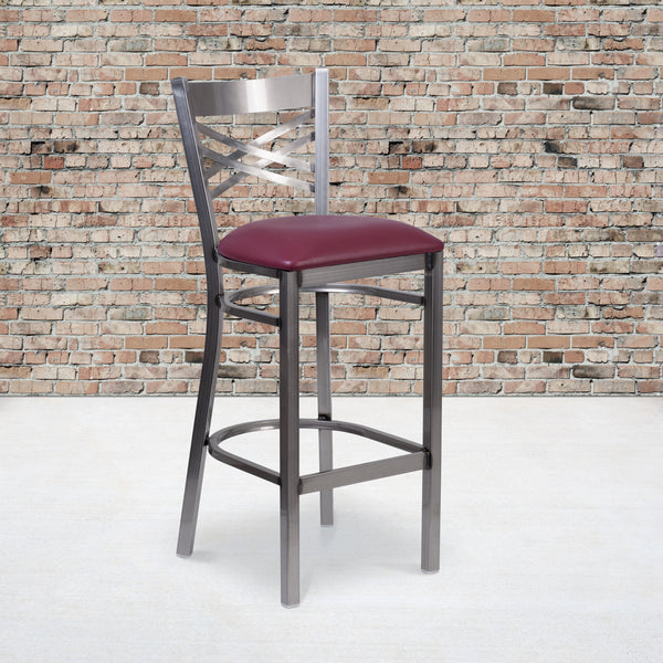 SINGLEWAVE Series Clear Coated ''X'' Back Metal Restaurant Barstool - Burgundy Vinyl Seat