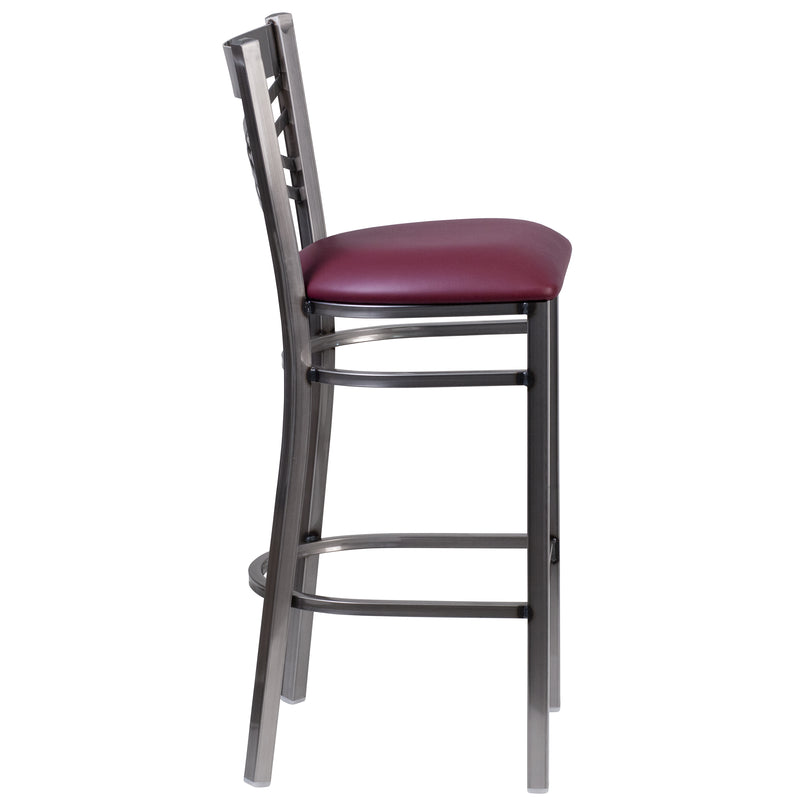 SINGLEWAVE Series Clear Coated ''X'' Back Metal Restaurant Barstool - Burgundy Vinyl Seat