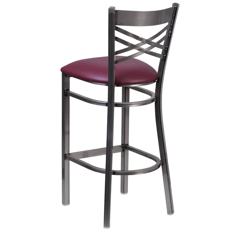 SINGLEWAVE Series Clear Coated ''X'' Back Metal Restaurant Barstool - Burgundy Vinyl Seat