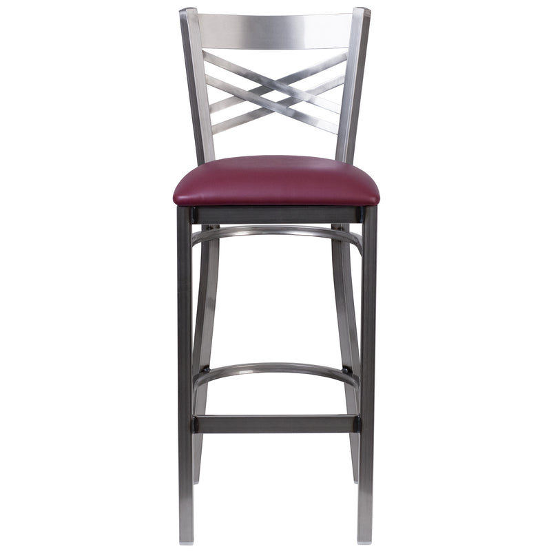 SINGLEWAVE Series Clear Coated ''X'' Back Metal Restaurant Barstool - Burgundy Vinyl Seat