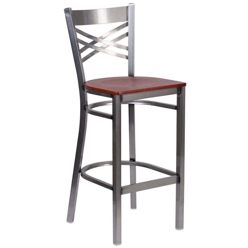 SINGLEWAVE Series Clear Coated ''X'' Back Metal Restaurant Barstool - Cherry Wood Seat