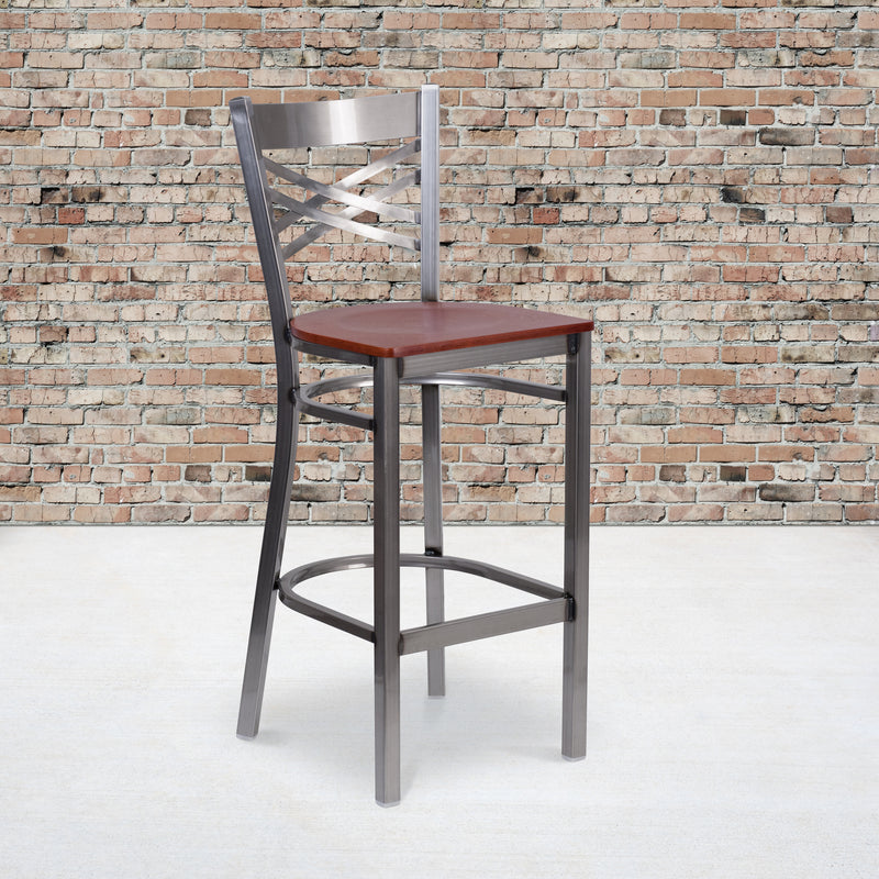 SINGLEWAVE Series Clear Coated ''X'' Back Metal Restaurant Barstool - Cherry Wood Seat