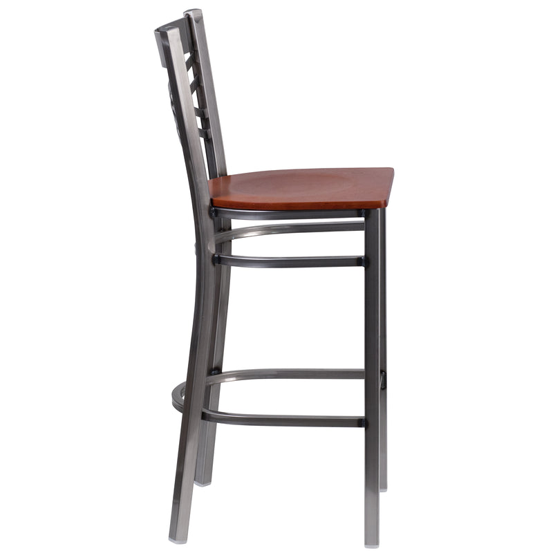 SINGLEWAVE Series Clear Coated ''X'' Back Metal Restaurant Barstool - Cherry Wood Seat