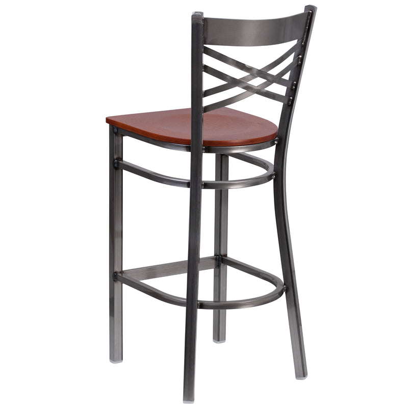 SINGLEWAVE Series Clear Coated ''X'' Back Metal Restaurant Barstool - Cherry Wood Seat