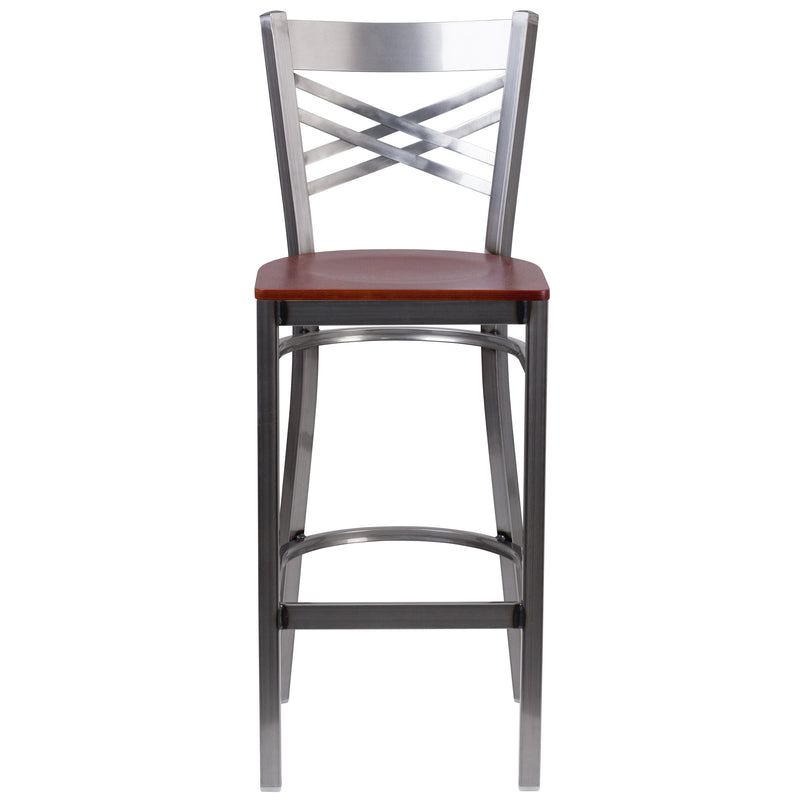 SINGLEWAVE Series Clear Coated ''X'' Back Metal Restaurant Barstool - Cherry Wood Seat