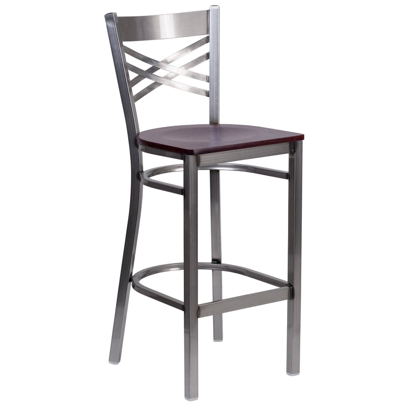 SINGLEWAVE Series Clear Coated ''X'' Back Metal Restaurant Barstool - Mahogany Wood Seat