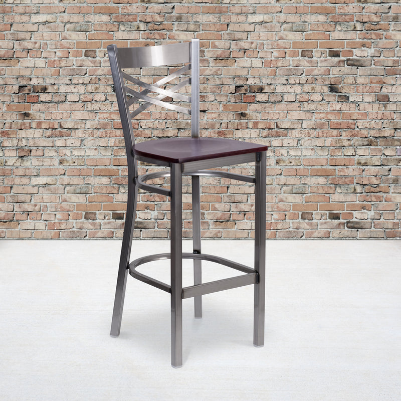 SINGLEWAVE Series Clear Coated ''X'' Back Metal Restaurant Barstool - Mahogany Wood Seat