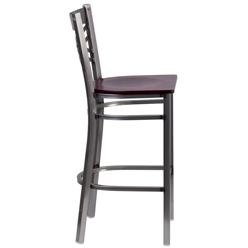 SINGLEWAVE Series Clear Coated ''X'' Back Metal Restaurant Barstool - Mahogany Wood Seat