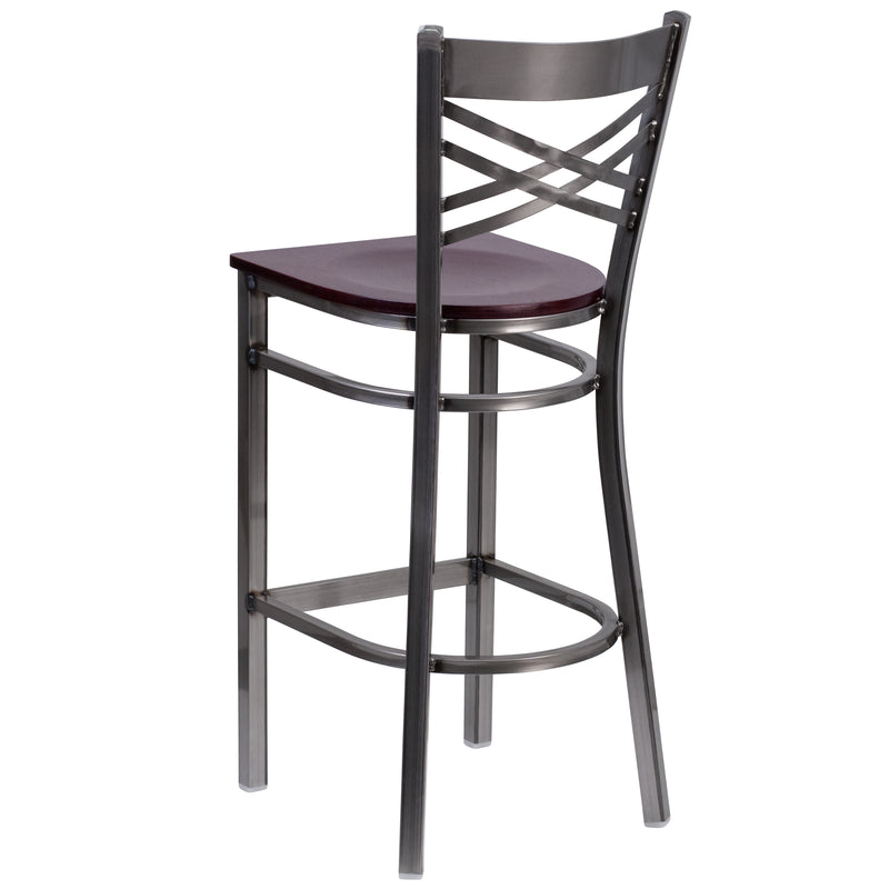 SINGLEWAVE Series Clear Coated ''X'' Back Metal Restaurant Barstool - Mahogany Wood Seat