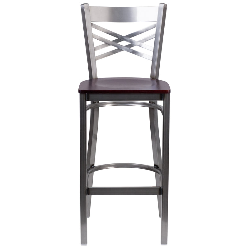 SINGLEWAVE Series Clear Coated ''X'' Back Metal Restaurant Barstool - Mahogany Wood Seat