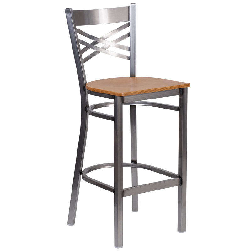 SINGLEWAVE Series Clear Coated ''X'' Back Metal Restaurant Barstool - Natural Wood Seat