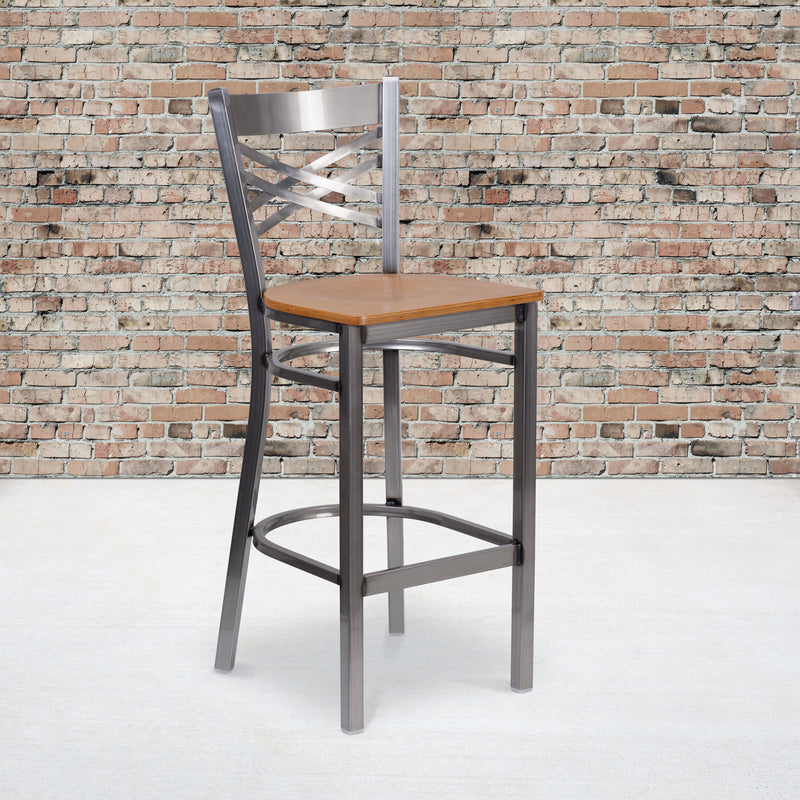 SINGLEWAVE Series Clear Coated ''X'' Back Metal Restaurant Barstool - Natural Wood Seat