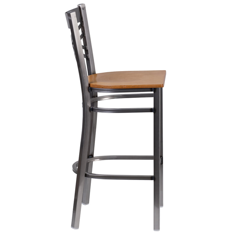 SINGLEWAVE Series Clear Coated ''X'' Back Metal Restaurant Barstool - Natural Wood Seat