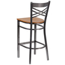 SINGLEWAVE Series Clear Coated ''X'' Back Metal Restaurant Barstool - Natural Wood Seat