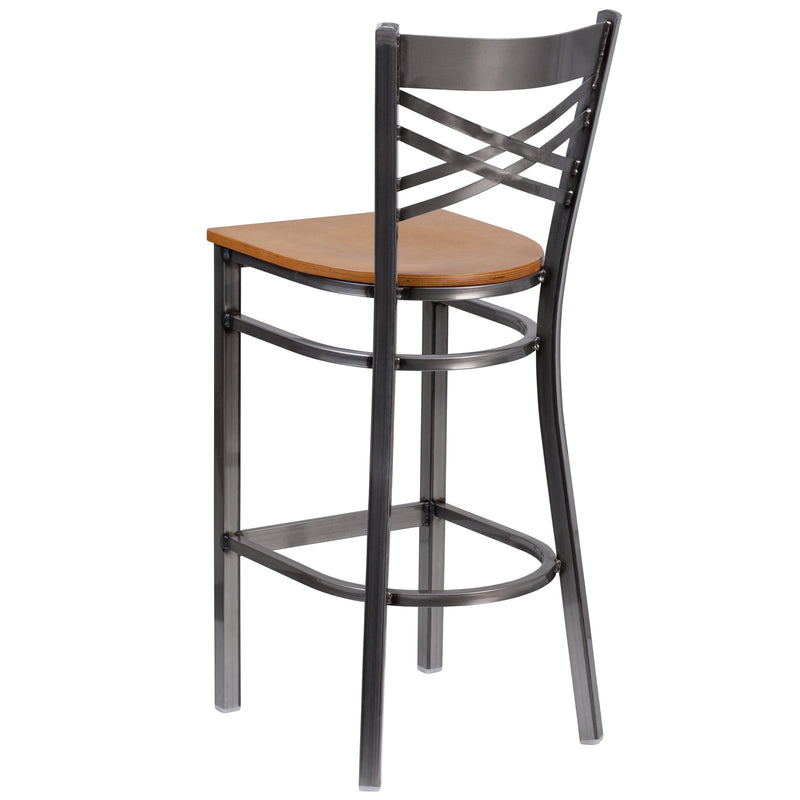 SINGLEWAVE Series Clear Coated ''X'' Back Metal Restaurant Barstool - Natural Wood Seat