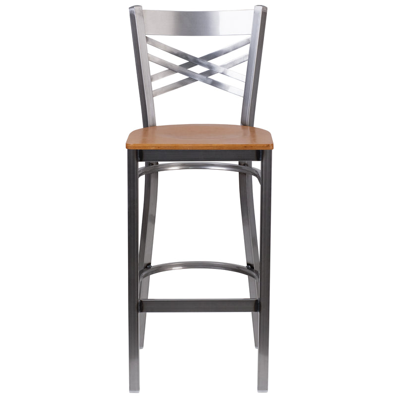 SINGLEWAVE Series Clear Coated ''X'' Back Metal Restaurant Barstool - Natural Wood Seat