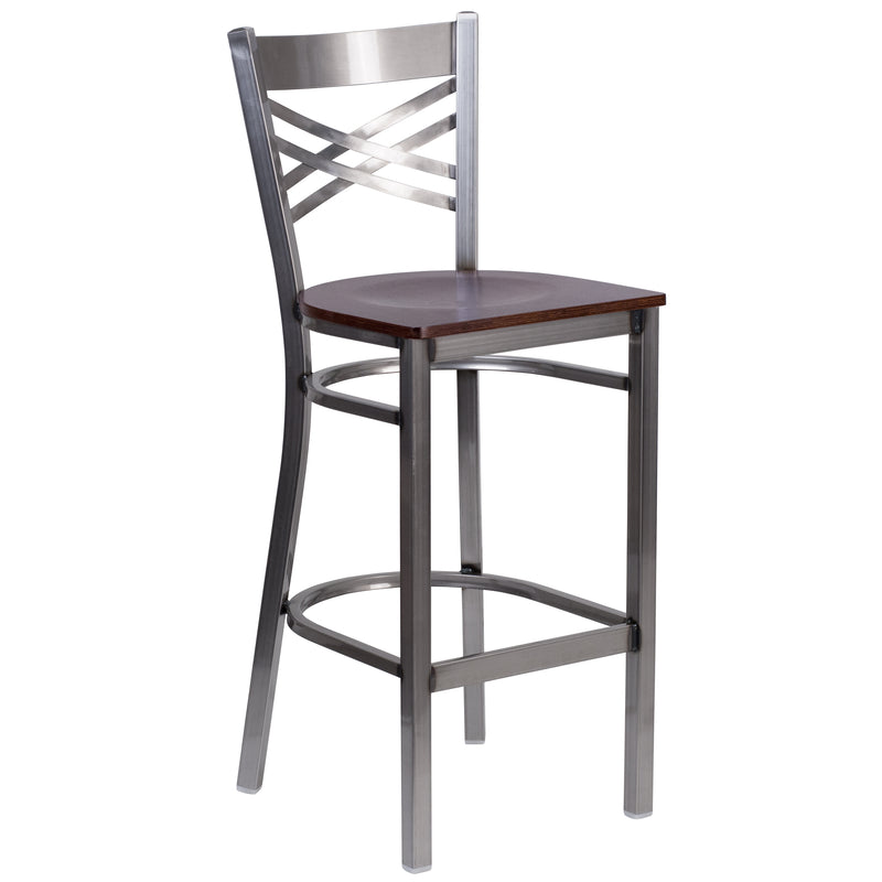 SINGLEWAVE Series Clear Coated ''X'' Back Metal Restaurant Barstool - Walnut Wood Seat