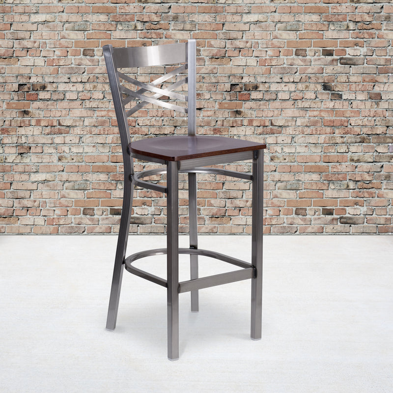 SINGLEWAVE Series Clear Coated ''X'' Back Metal Restaurant Barstool - Walnut Wood Seat