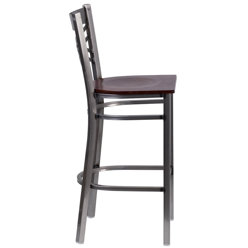 SINGLEWAVE Series Clear Coated ''X'' Back Metal Restaurant Barstool - Walnut Wood Seat