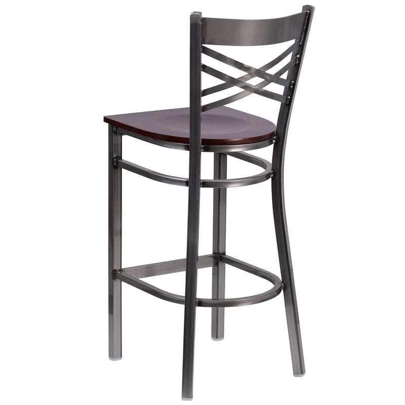 SINGLEWAVE Series Clear Coated ''X'' Back Metal Restaurant Barstool - Walnut Wood Seat