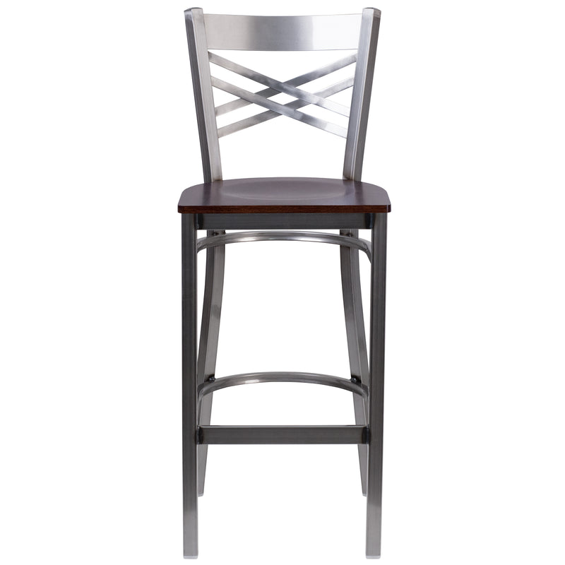 SINGLEWAVE Series Clear Coated ''X'' Back Metal Restaurant Barstool - Walnut Wood Seat