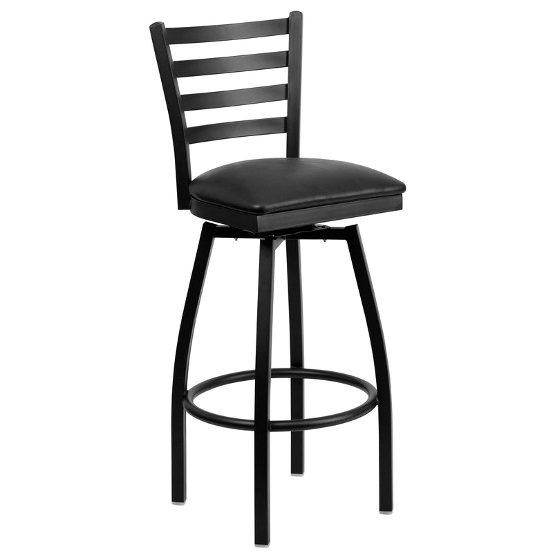 SINGLEWAVE Series Black Ladder Back Swivel Metal Barstool - Black Vinyl Seat