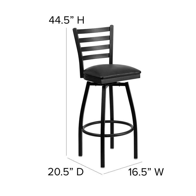 SINGLEWAVE Series Black Ladder Back Swivel Metal Barstool - Black Vinyl Seat