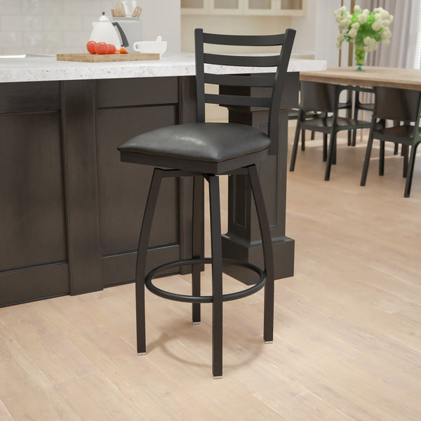 SINGLEWAVE Series Black Ladder Back Swivel Metal Barstool - Black Vinyl Seat