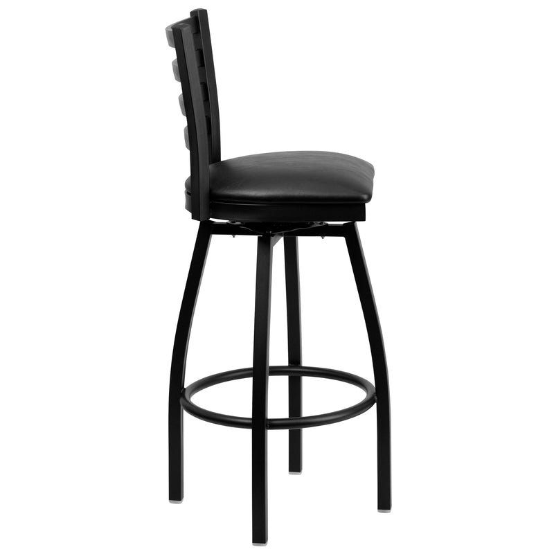 SINGLEWAVE Series Black Ladder Back Swivel Metal Barstool - Black Vinyl Seat