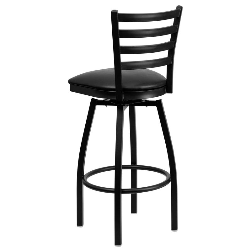 SINGLEWAVE Series Black Ladder Back Swivel Metal Barstool - Black Vinyl Seat