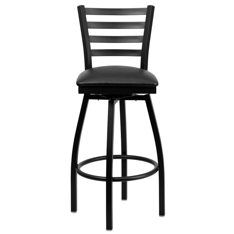 SINGLEWAVE Series Black Ladder Back Swivel Metal Barstool - Black Vinyl Seat