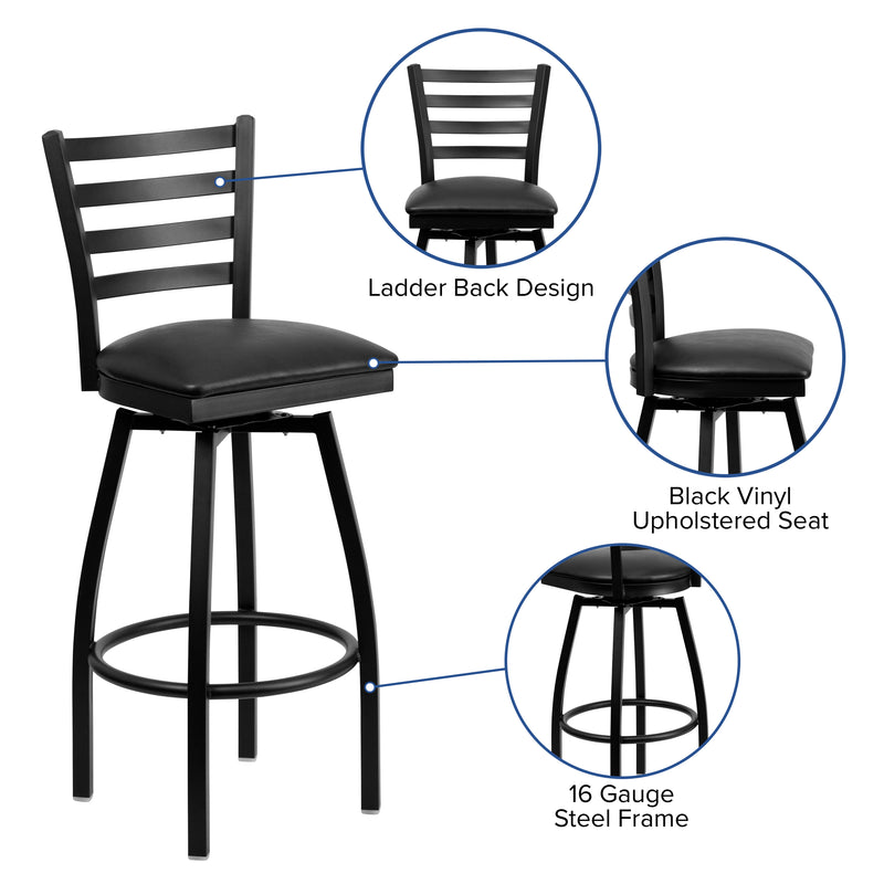 SINGLEWAVE Series Black Ladder Back Swivel Metal Barstool - Black Vinyl Seat