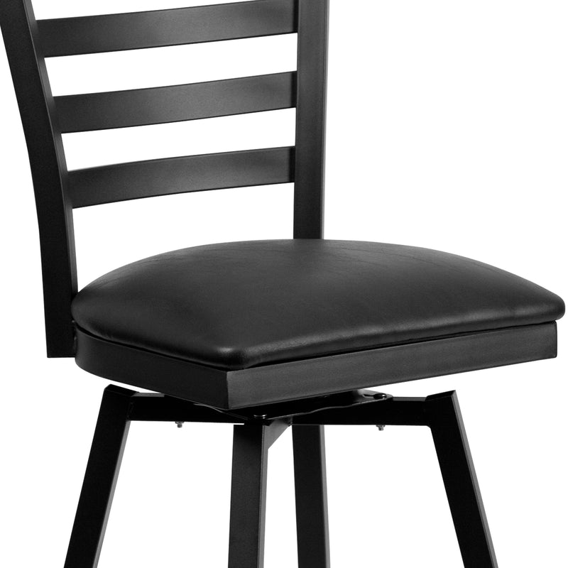 SINGLEWAVE Series Black Ladder Back Swivel Metal Barstool - Black Vinyl Seat