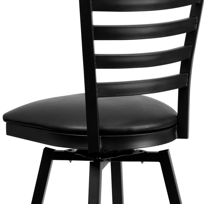 SINGLEWAVE Series Black Ladder Back Swivel Metal Barstool - Black Vinyl Seat