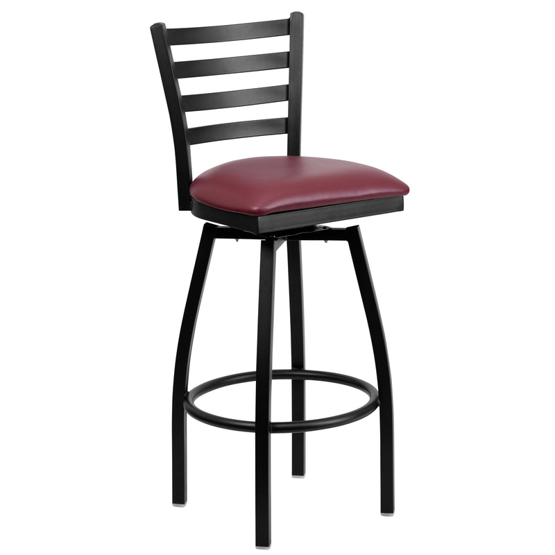 SINGLEWAVE Series Black Ladder Back Swivel Metal Barstool - Burgundy Vinyl Seat