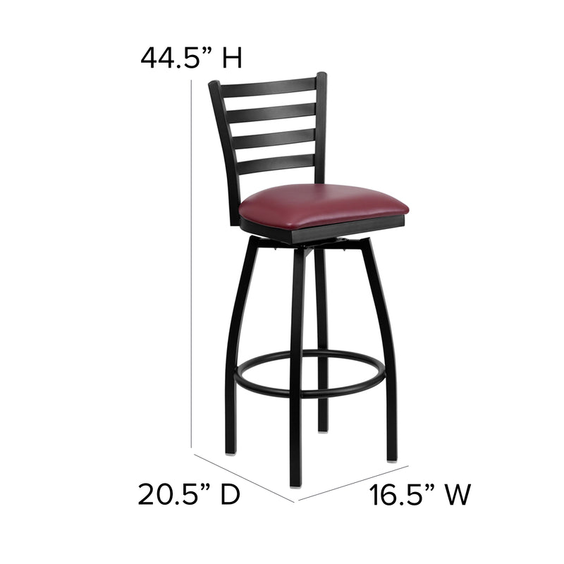 SINGLEWAVE Series Black Ladder Back Swivel Metal Barstool - Burgundy Vinyl Seat