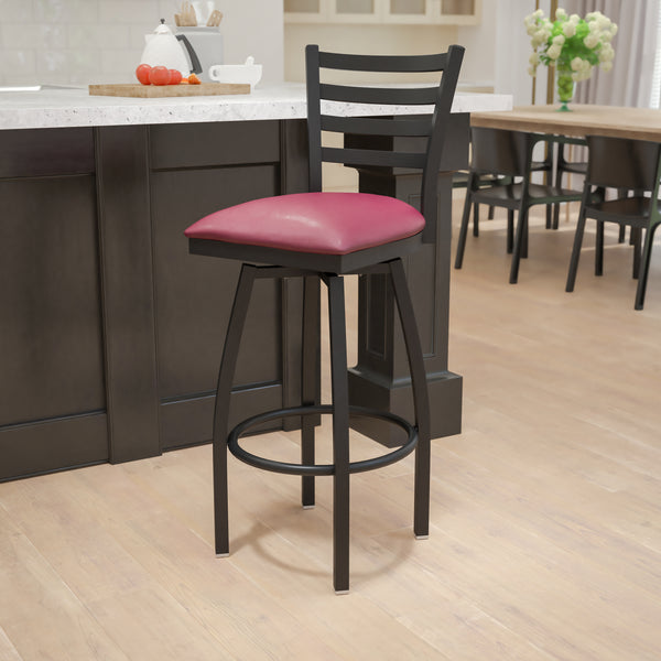 SINGLEWAVE Series Black Ladder Back Swivel Metal Barstool - Burgundy Vinyl Seat