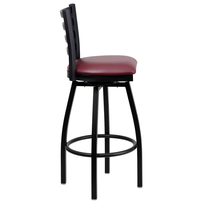 SINGLEWAVE Series Black Ladder Back Swivel Metal Barstool - Burgundy Vinyl Seat