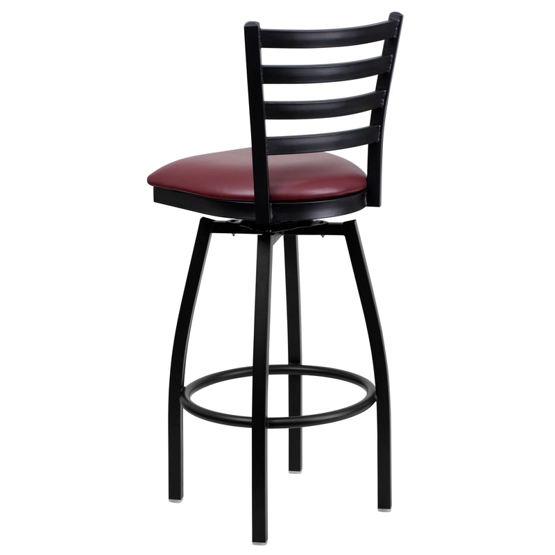 SINGLEWAVE Series Black Ladder Back Swivel Metal Barstool - Burgundy Vinyl Seat