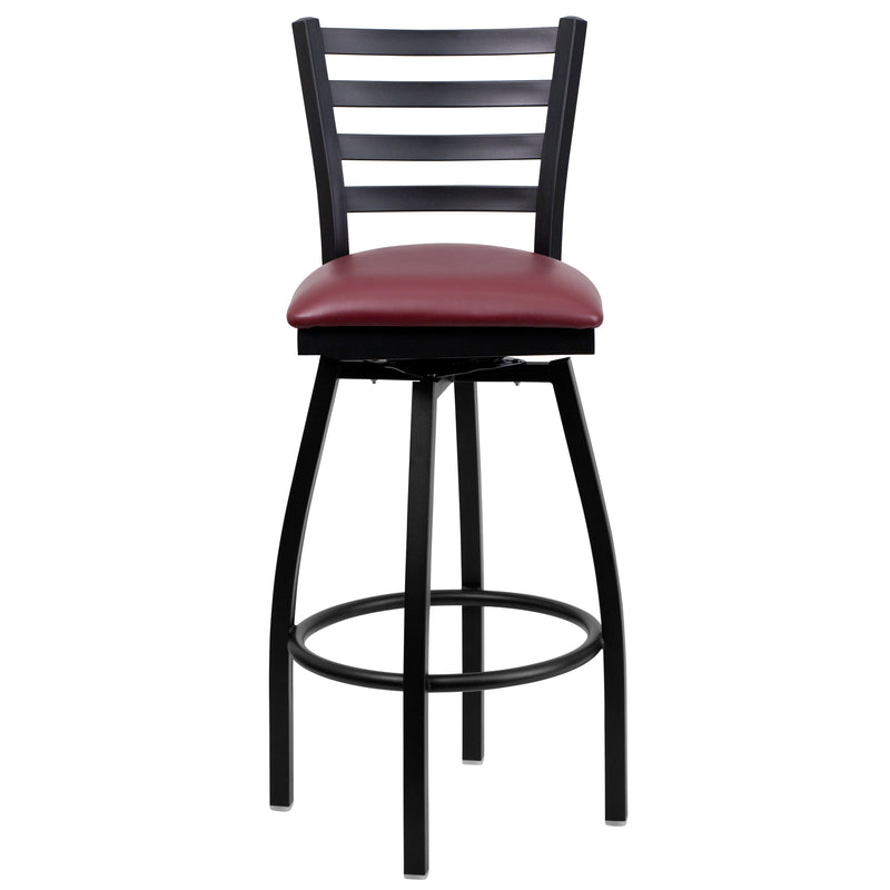 SINGLEWAVE Series Black Ladder Back Swivel Metal Barstool - Burgundy Vinyl Seat