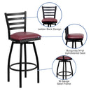 SINGLEWAVE Series Black Ladder Back Swivel Metal Barstool - Burgundy Vinyl Seat