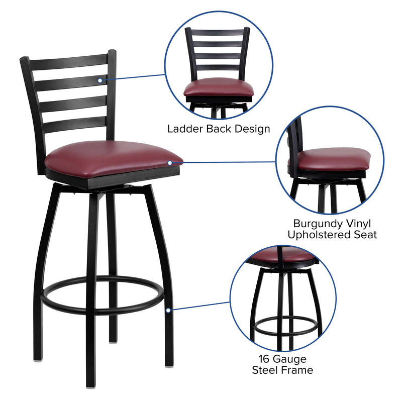 SINGLEWAVE Series Black Ladder Back Swivel Metal Barstool - Burgundy Vinyl Seat