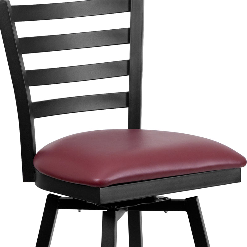 SINGLEWAVE Series Black Ladder Back Swivel Metal Barstool - Burgundy Vinyl Seat