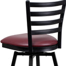 SINGLEWAVE Series Black Ladder Back Swivel Metal Barstool - Burgundy Vinyl Seat