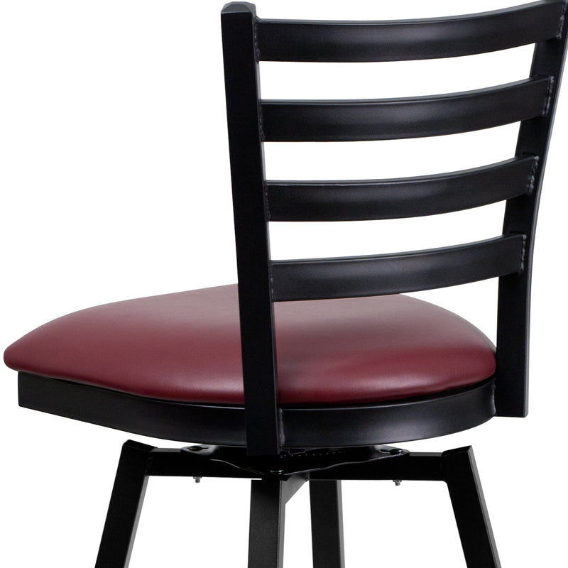 SINGLEWAVE Series Black Ladder Back Swivel Metal Barstool - Burgundy Vinyl Seat