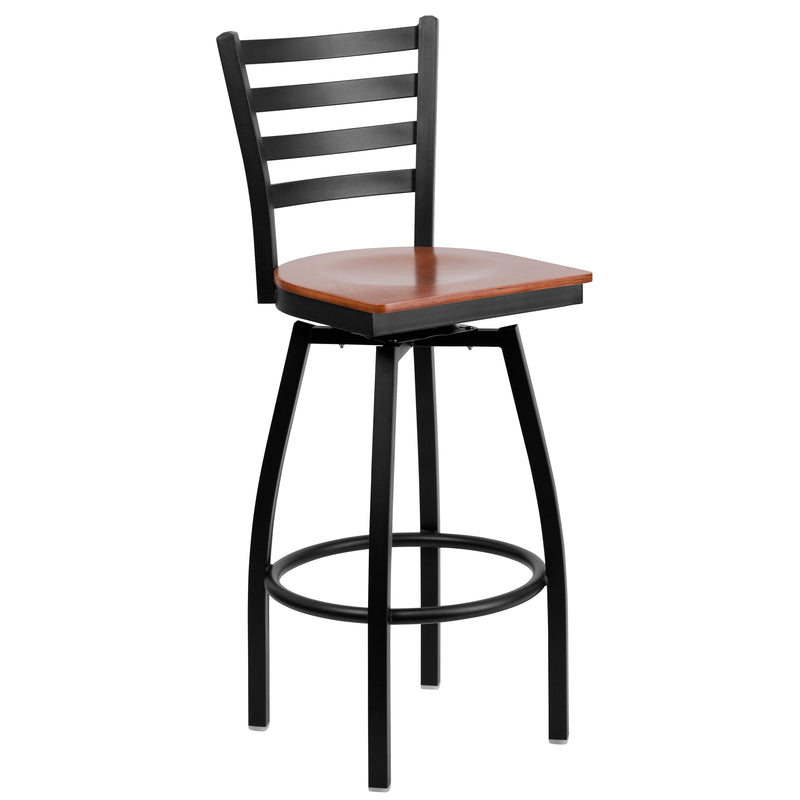 SINGLEWAVE Series Black Ladder Back Swivel Metal Barstool - Cherry Wood Seat