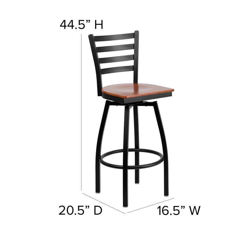 SINGLEWAVE Series Black Ladder Back Swivel Metal Barstool - Cherry Wood Seat